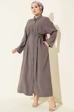 Button-Up Tencel Dress with Belt Grey all'ingrosso dress - Hicabistan fabbrica Turchia