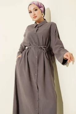 Button-Up Tencel Dress with Belt Grey all'ingrosso dress view 2 - Hicabistan fabbrica Turchia
