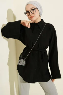 Wide Sleeve Modal Shirt with Tie Belt Black