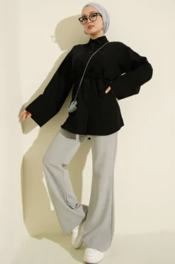 Alternative view of Wide Sleeve Modal Shirt with Tie Belt Black