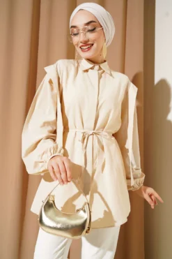 Shirt with Shoulder Cape and Belt Beige