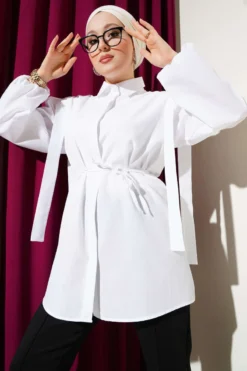 Shirt with Shoulder Cape and Belt White