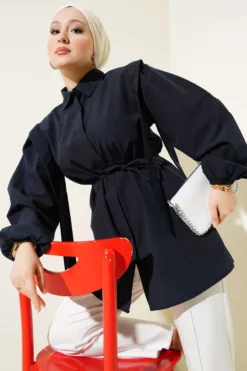 Shirt with Shoulder Cape and Belt Navy Blue