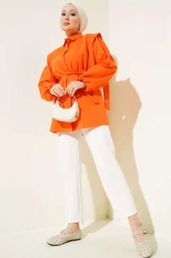 Alternative view of Shirt with Shoulder Cape and Belt Orange