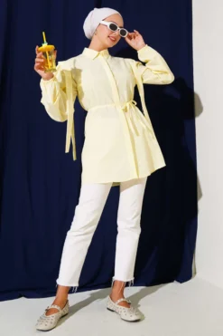 Shirt with Shoulder Cape and Belt Yellow wholesale shirt view 2 - Hicabistan Turkey factory