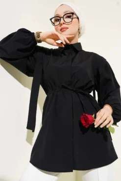 Shirt with Shoulder Cape and Belt Black