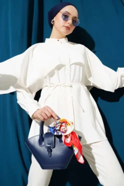 Tie-Belted Shoulder Cape Tencel Shirt White