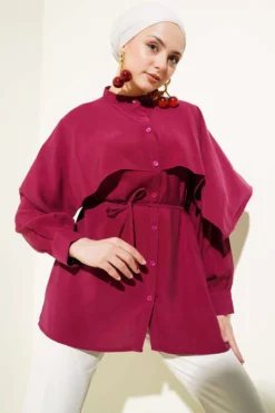 Tie-Belted Shoulder Cape Tencel Shirt Burgundy