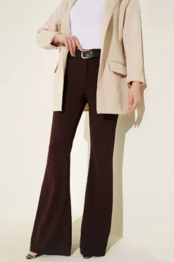Flared Fabric Trousers with Belt Brown