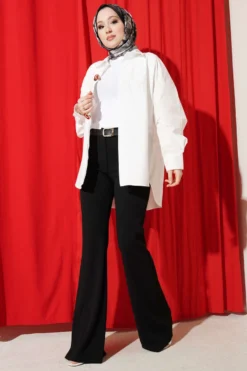 Alternative view of Flared Fabric Trousers with Belt Black