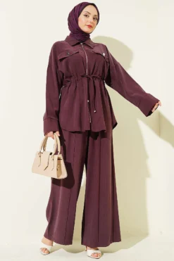 Double Pocket Belted Tunic Set Plum