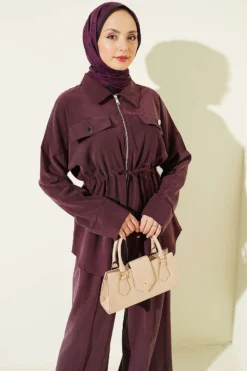 Alternative view of Double Pocket Belted Tunic Set Plum