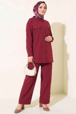 Basic Two-Piece Set Burgundy wholesale clothing set view 2 - Hicabistan Turkey factory