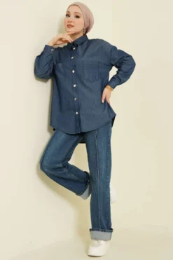 Vue alternative de Double Pocket Metal Button Shirt Navy Blue