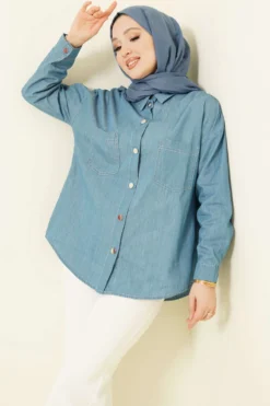 Double Pocket Metal Button Shirt Blue en gros shirt - Hicabistan usine Turquie