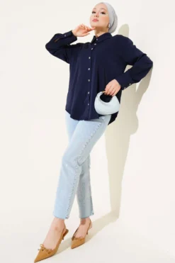 Alternative view of Double Button Cuffed Chiffon Shirt Navy Blue
