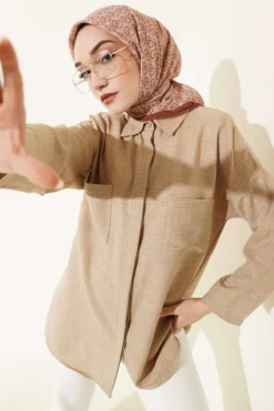 Double-Breasted Pocket Hidden Button Shirt Beige