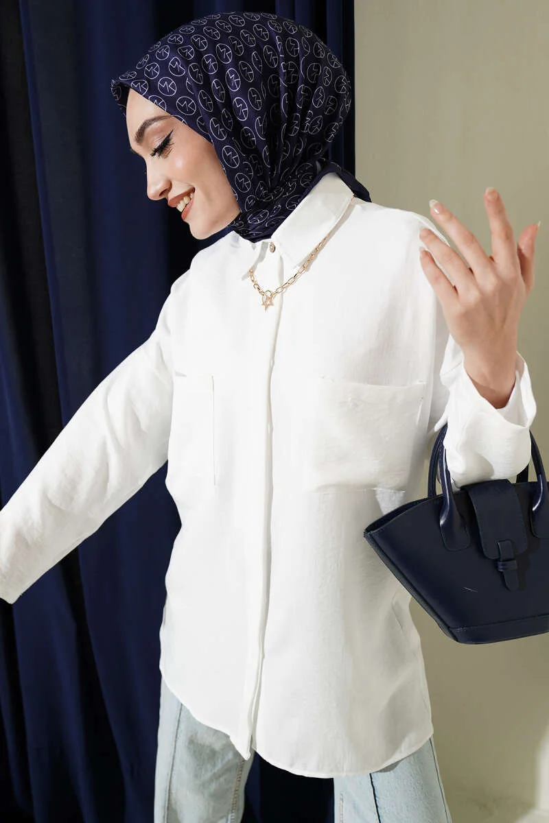 Double-Breasted Pocket Hidden Button Shirt White en gros shirt - Hicabistan usine Turquie