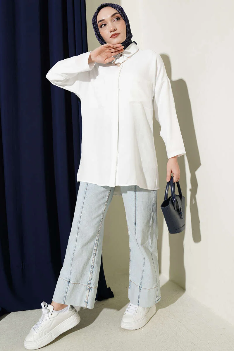 Double-Breasted Pocket Hidden Button Shirt White en gros shirt view 2 - Hicabistan usine Turquie