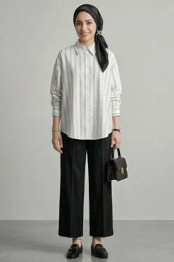 Double Striped Shirt White Großhandel shirt view 2 - Hicabistan Türkei Fabrik