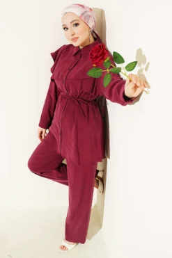 Double Cape Detailed Modal Two-Piece Set Burgundy