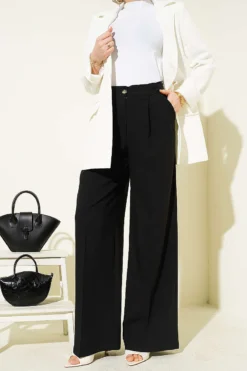 Double Pleated Buttoned Fabric Trousers Black