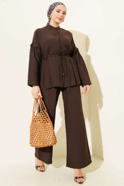 Alternative view of Double Pleated Mandarin Collar Two-Piece Set Brown