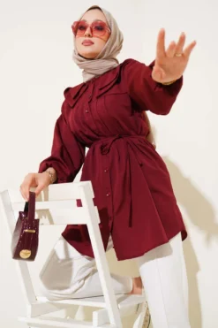 Double Collar Tie Waist Shirt Burgundy