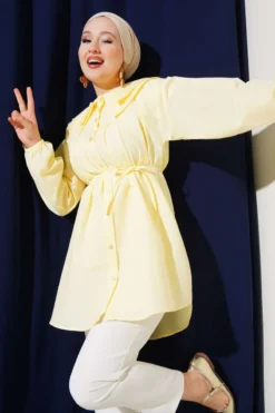Double Collar Tie Waist Shirt Yellow
