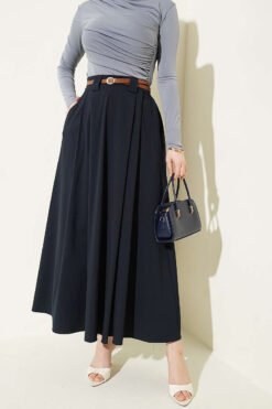 Thin Belted Pleated Skirt Navy Blue wholesale skirt - Hicabistan Turkey factory