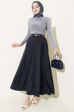 Thin Belted Pleated Skirt Navy Blue wholesale skirt view 2 - Hicabistan Turkey factory