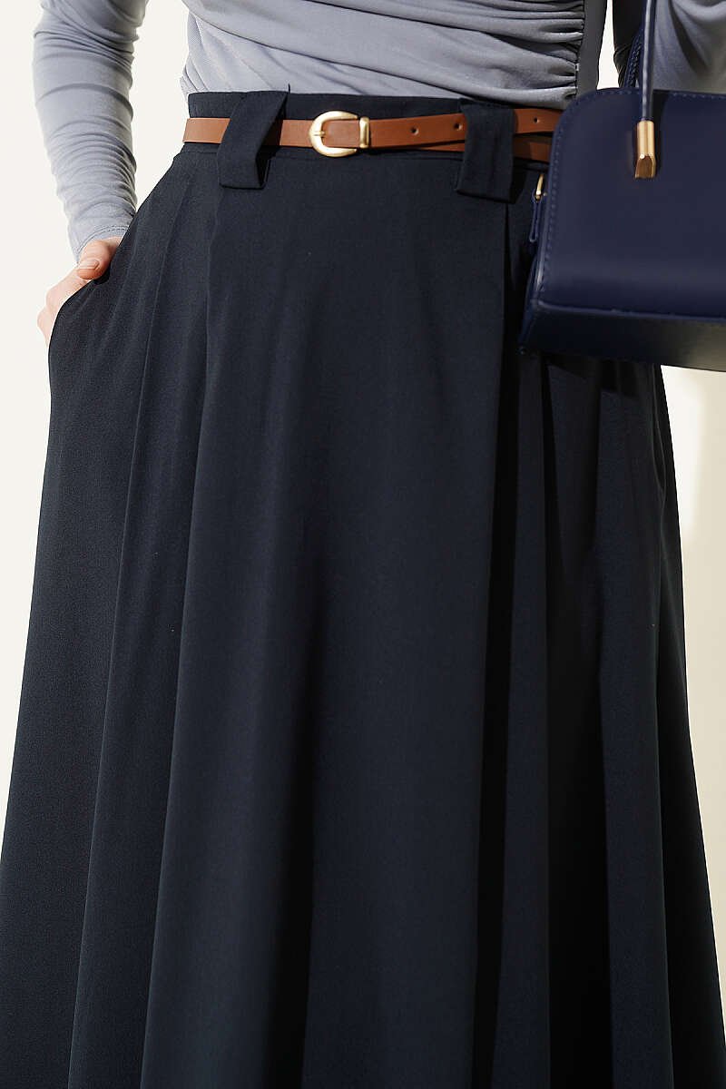 Thin Belted Pleated Skirt Navy Blue wholesale skirt view 4 - Hicabistan Turkey factory