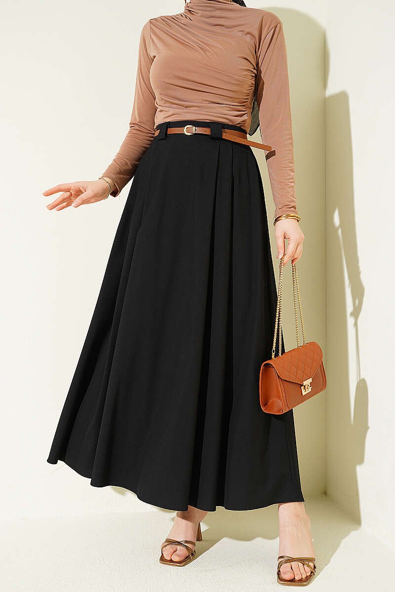 Thin Belted Pleated Skirt Black بالجملة skirt - Hicabistan مصنع تركيا