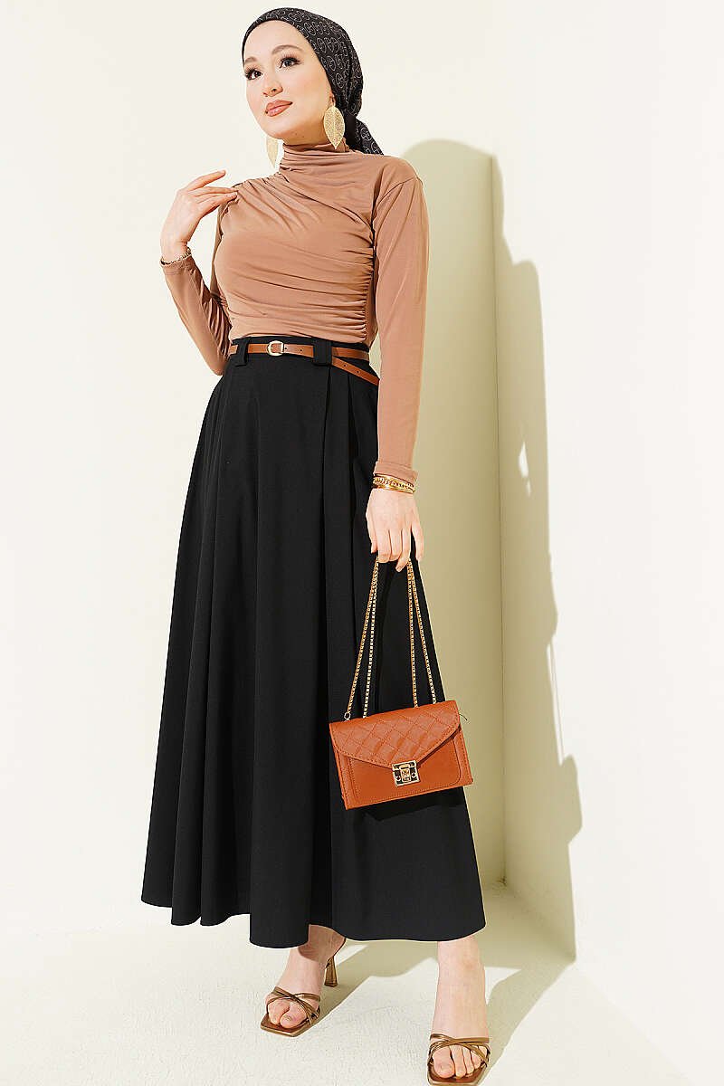 Thin Belted Pleated Skirt Black بالجملة skirt view 2 - Hicabistan مصنع تركيا
