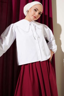 Navy Collar Short Shirt with Pearl Details White groothandel shirt - Hicabistan Turkije fabriek