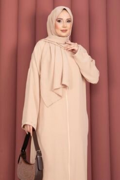 Alternative Ansicht von Stone Detail Self-Scarfed Abaya Beige