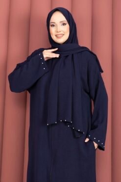 Vista alternativa di Stone Detail Self-Scarfed Abaya Navy Blue