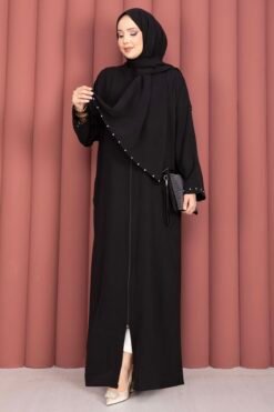 Stone Detail Self-Scarfed Abaya Black
