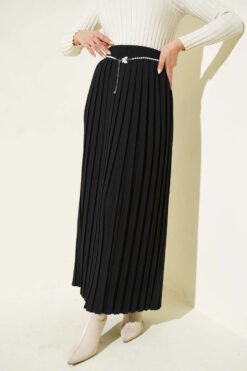 Pearl Belted Pleated Skirt Black
