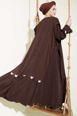 Pearl Embellished Butterfly Cape Dress Brown
