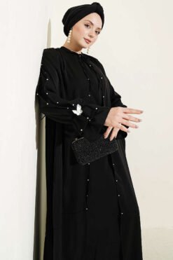 Pearl Embellished Butterfly Cape Dress Black