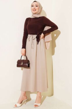 Belted Double Pleat Skirt Beige wholesale skirt view 2 - Hicabistan Turkey factory