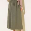 Belted Double Pleat Skirt Khaki Großhandel skirt - Hicabistan Türkei Fabrik