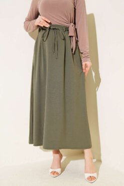 Belted Double Pleat Skirt Khaki en gros skirt - Hicabistan usine Turquie