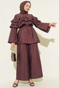 Ruffled Tunic Set with Belt Brown groothandel clothing set - Hicabistan Turkije fabriek