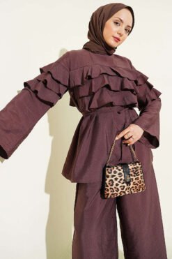 Ruffled Tunic Set with Belt Brown groothandel clothing set view 2 - Hicabistan Turkije fabriek