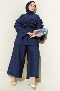 Ruffled Tunic Set with Belt Navy Blue groothandel clothing set - Hicabistan Turkije fabriek