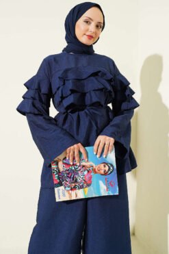 Ruffled Tunic Set with Belt Navy Blue groothandel clothing set view 2 - Hicabistan Turkije fabriek