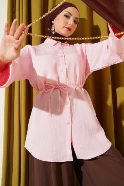 Wide Sleeve Modal Shirt with Tie Belt Pink