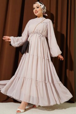 Tiered Chiffon Dress with Belt Beige